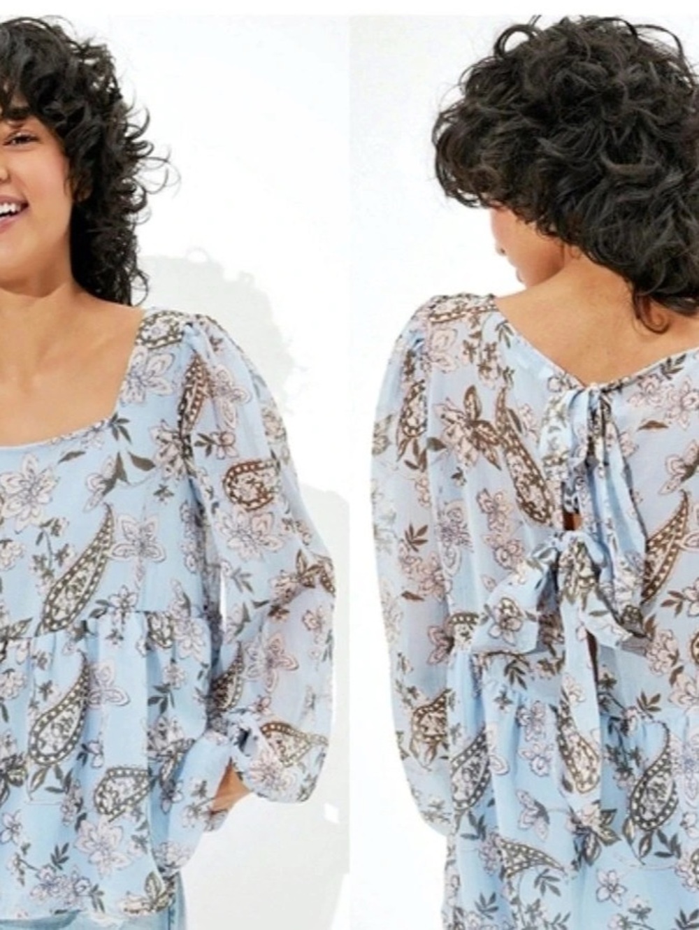 American Eagle Boho Paisley Floral Babydoll Blouse, Size Small